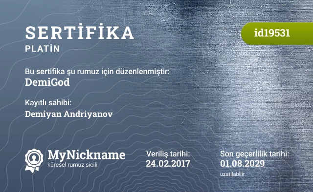 DemiGod rumuzu için sertifika, kayıtlı sahibi: Demiyan Andriyanov