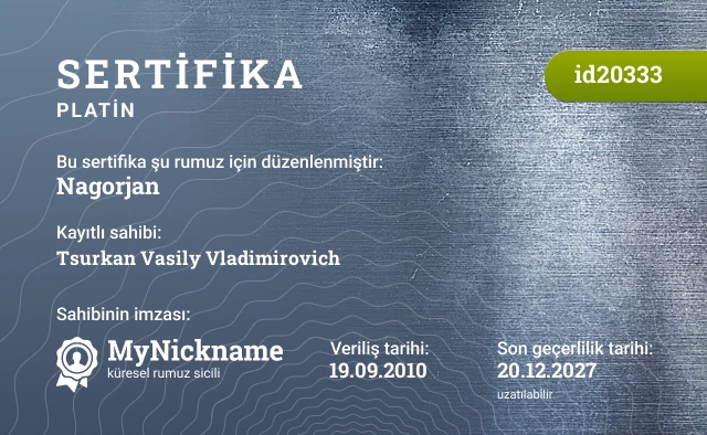 Nagorjan rumuzu için sertifika, kayıtlı sahibi: Tsurkan Vasily Vladimirovich