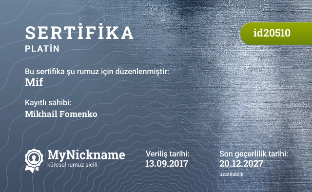 Mif rumuzu için sertifika, kayıtlı sahibi: Mikhail Fomenko