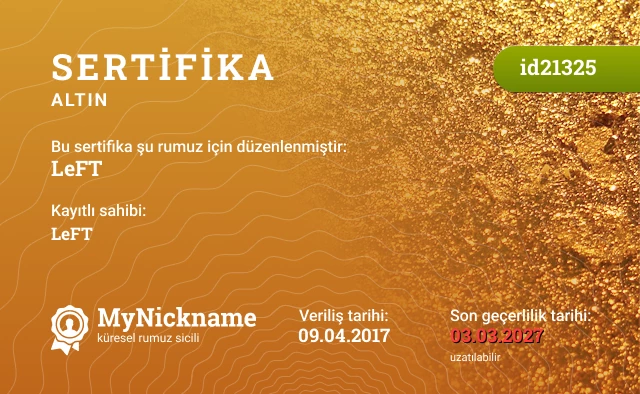 LeFT rumuzu için sertifika, kayıtlı sahibi: LeFT
