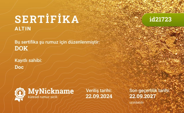 DOK rumuzu için sertifika, kayıtlı sahibi: Doc