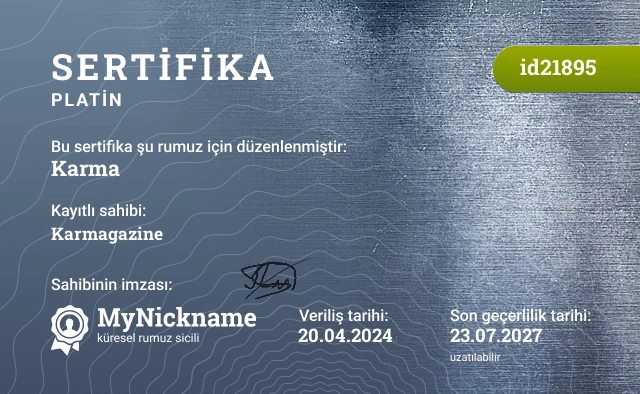 Karma rumuzu için sertifika, kayıtlı sahibi: Karmagazine
