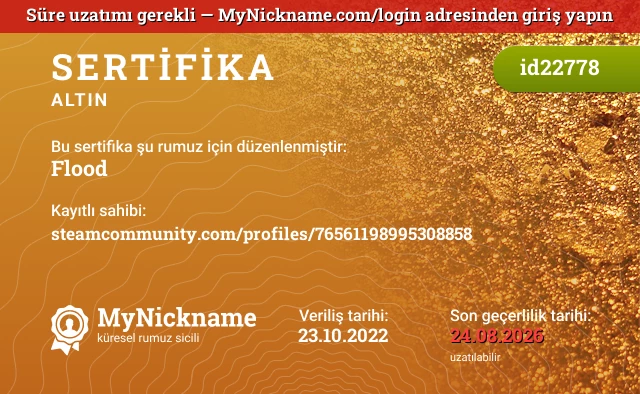 Flood rumuzu için sertifika, kayıtlı sahibi: steamcommunity.com/profiles/76561198995308858