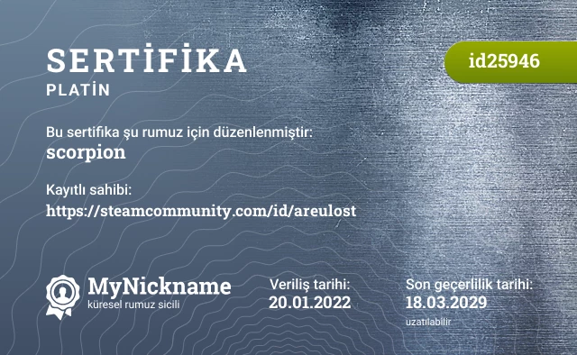 scorpion rumuzu için sertifika, kayıtlı sahibi: https://steamcommunity.com/id/areulost
