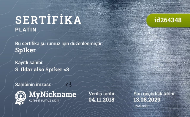 Sp1ker rumuzu için sertifika, kayıtlı sahibi: S. Ildar also Sp1ker <3