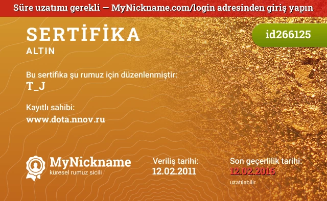 T_J rumuzu için sertifika, kayıtlı sahibi: www.dota.nnov.ru