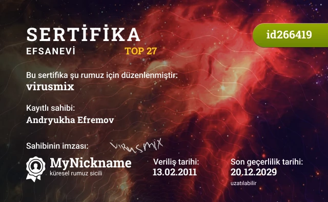virusmix rumuzu için sertifika, kayıtlı sahibi: Andryukha Efremov