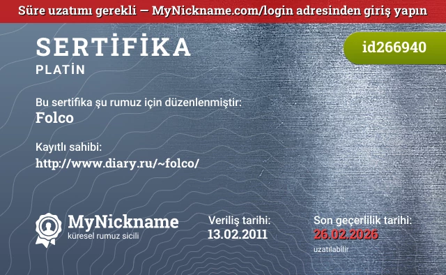 Folco rumuzu için sertifika, kayıtlı sahibi: http://www.diary.ru/~folco/