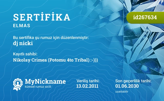 dj nicki rumuzu için sertifika, kayıtlı sahibi: Nikolay Crimea (Potomu 4to Tribal) :-)))