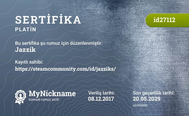 Jazzik rumuzu için sertifika, kayıtlı sahibi: https://steamcommunity.com/id/jazziks/