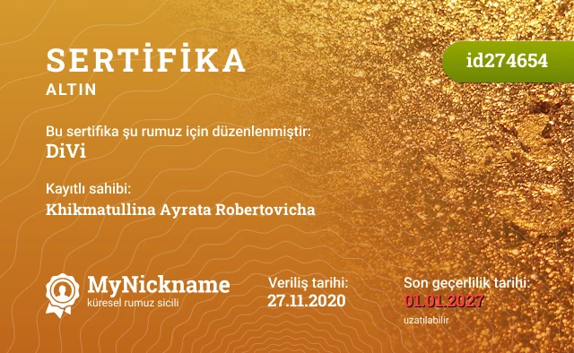 DiVi rumuzu için sertifika, kayıtlı sahibi: Khikmatullina Ayrata Robertovicha