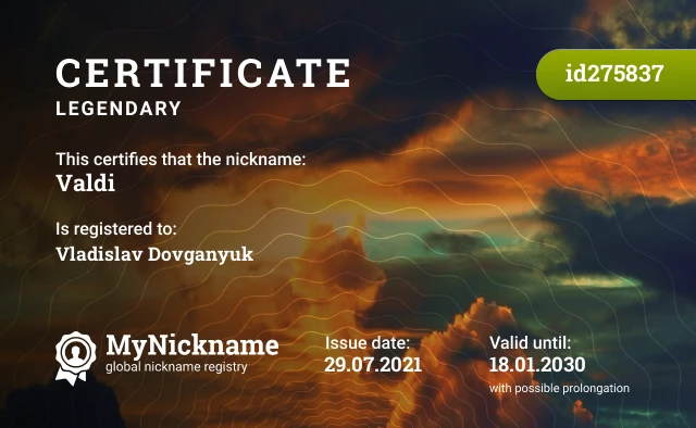 Certificate for nickname Valdi is registered to: Vladislav Dovganyuk