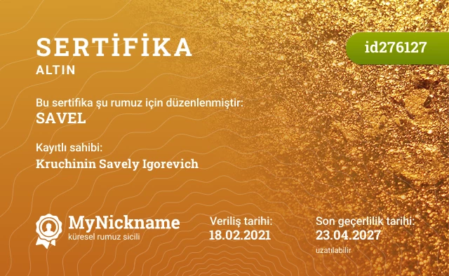 SAVEL rumuzu için sertifika, kayıtlı sahibi: Kruchinin Savely Igorevich
