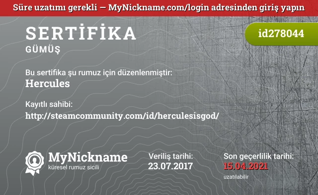 Hercules rumuzu için sertifika, kayıtlı sahibi: http://steamcommunity.com/id/herculesisgod/