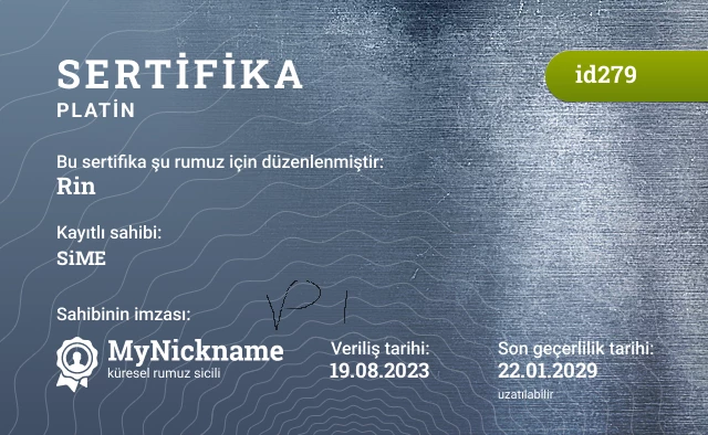 Rin rumuzu için sertifika, kayıtlı sahibi: SiME