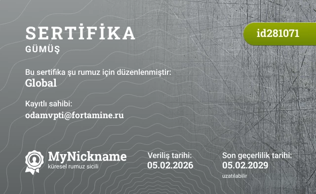 Global rumuzu için sertifika, kayıtlı sahibi: odamvpti@fortamine.ru