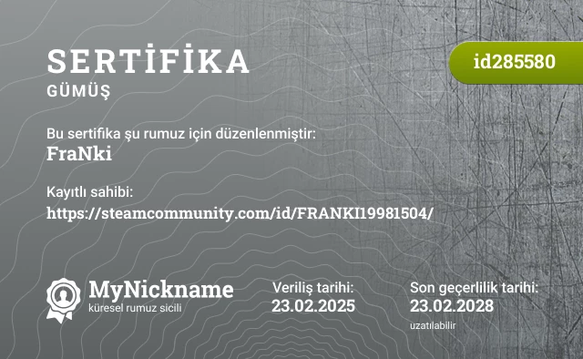 FraNki rumuzu için sertifika, kayıtlı sahibi: https://steamcommunity.com/id/FRANKI19981504/