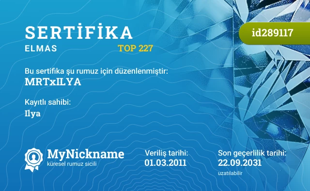 MRTxILYA rumuzu için sertifika, kayıtlı sahibi: Ilya