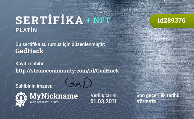 GadHack rumuzu için sertifika, kayıtlı sahibi: http://steamcommunity.com/id/GadHack