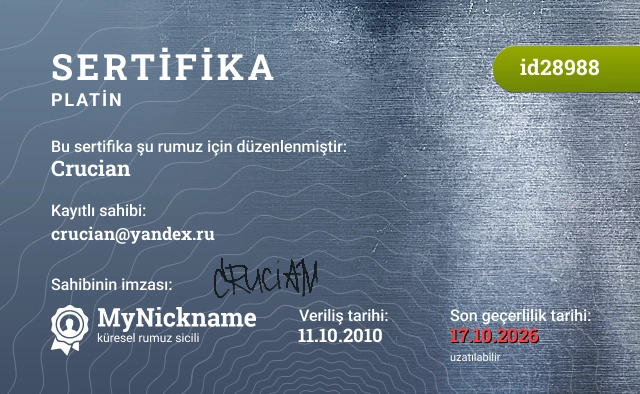 Crucian rumuzu için sertifika, kayıtlı sahibi: crucian@yandex.ru