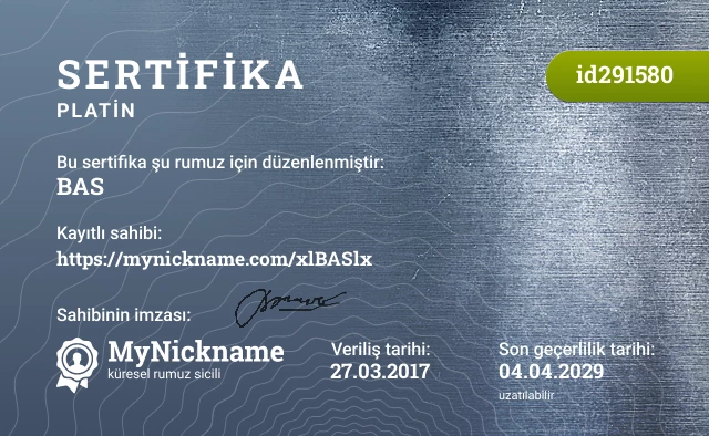 BAS rumuzu için sertifika, kayıtlı sahibi: https://mynickname.com/xlBASlx