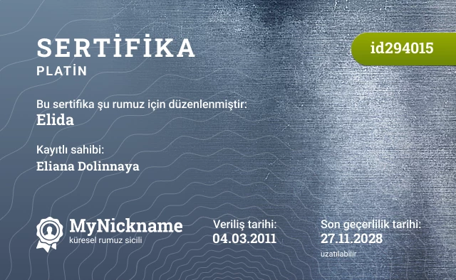 Elida rumuzu için sertifika, kayıtlı sahibi: Eliana Dolinnaya