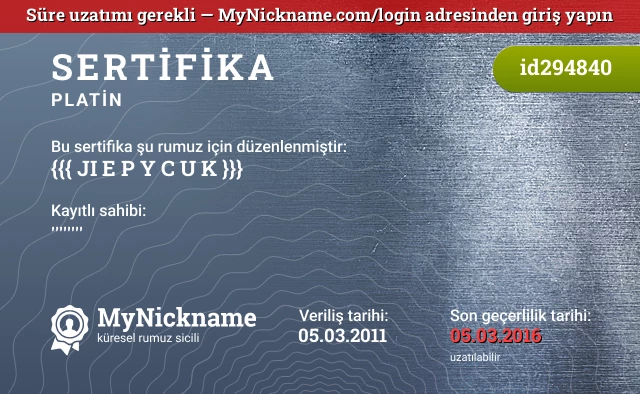 {{{ JI E P Y C U K }}} rumuzu için sertifika, kayıtlı sahibi: ''''''''