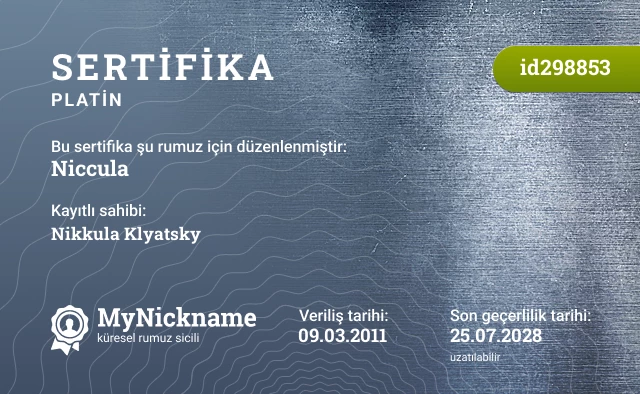 Niccula rumuzu için sertifika, kayıtlı sahibi: Nikkula Klyatsky