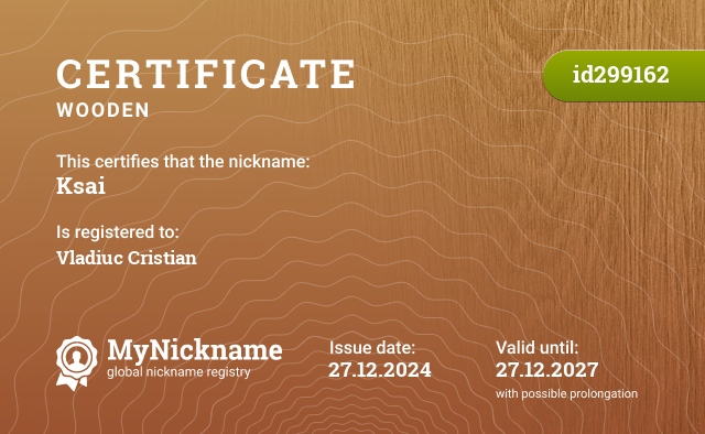 Certificate for nickname Ksai, registered to: Vladiuc Cristian