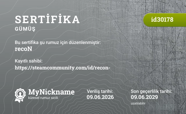 recoN rumuzu için sertifika, kayıtlı sahibi: https://steamcommunity.com/id/recon-
