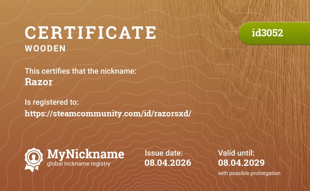 Certificate for nickname Razor, registered to: https://steamcommunity.com/id/razorsxd/