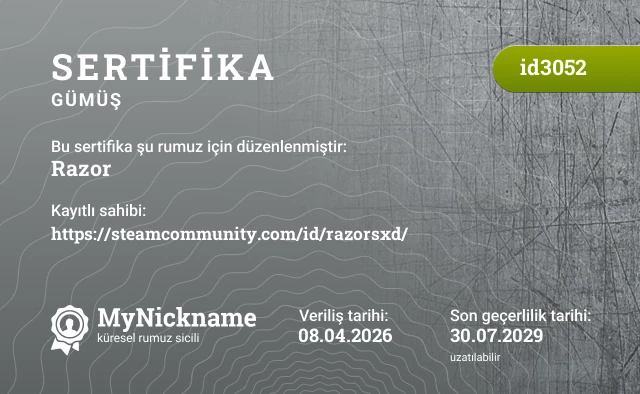 Razor rumuzu için sertifika, kayıtlı sahibi: https://steamcommunity.com/id/razorsxd/