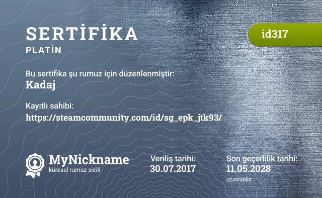 Kadaj rumuzu için sertifika, kayıtlı sahibi: https://steamcommunity.com/id/sg_epk_jtk93/