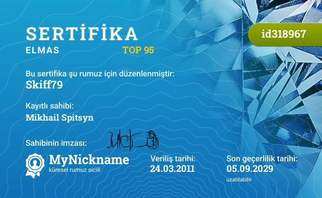 Skiff79 rumuzu için sertifika, kayıtlı sahibi: Mikhail Spitsyn