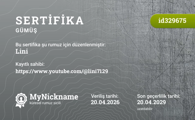 Lini rumuzu için sertifika, kayıtlı sahibi: https://www.youtube.com/@lini7129