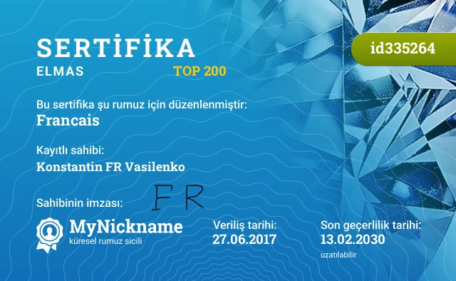 Francais rumuzu için sertifika, kayıtlı sahibi: Konstantin FR Vasilenko