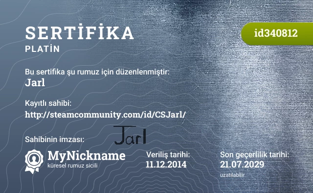 Jarl rumuzu için sertifika, kayıtlı sahibi: http://steamcommunity.com/id/CSJarl/