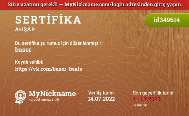baser rumuzu için sertifika, kayıtlı sahibi: https://vk.com/baser_beats
