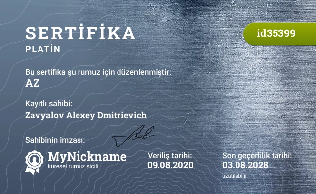AZ rumuzu için sertifika, kayıtlı sahibi: Zavyalov Alexey Dmitrievich