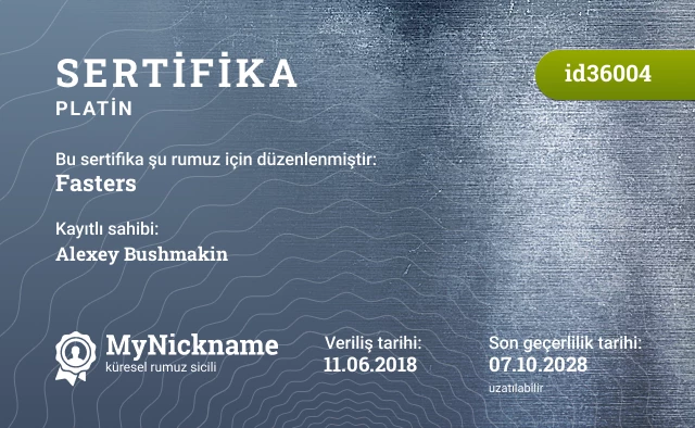 Fasters rumuzu için sertifika, kayıtlı sahibi: Alexey Bushmakin