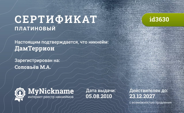 Сертификат на никнейм ДамТеррион, зарегистрирован на Соловьёв М.А.