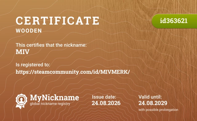 Certificate for nickname MIV, registered to: https://steamcommunity.com/id/MIVMERK/