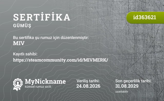 MIV rumuzu için sertifika, kayıtlı sahibi: https://steamcommunity.com/id/MIVMERK/