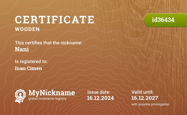 Certificate for nickname Nani, registered to: Inan Cimen