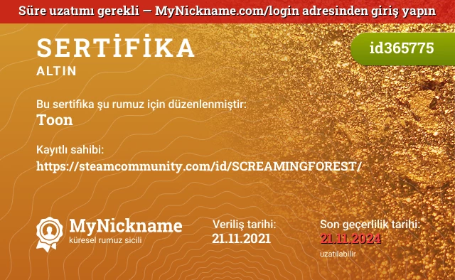 Toon rumuzu için sertifika, kayıtlı sahibi: https://steamcommunity.com/id/SCREAMINGFOREST/