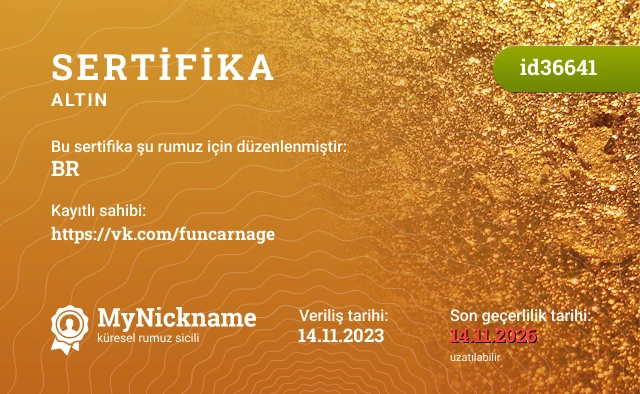 BR rumuzu için sertifika, kayıtlı sahibi: https://vk.com/funcarnage
