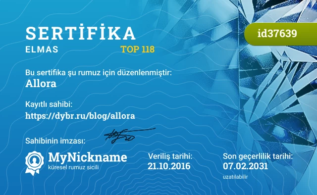 Allora rumuzu için sertifika, kayıtlı sahibi: https://dybr.ru/blog/allora