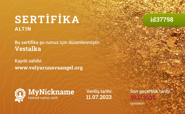 Vestalka rumuzu için sertifika, kayıtlı sahibi: www.velyarunavaangel.org