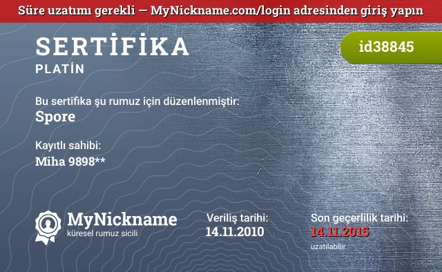 Spore rumuzu için sertifika, kayıtlı sahibi: Miha 9898**