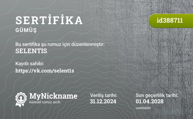 SELENTIS rumuzu için sertifika, kayıtlı sahibi: https://vk.com/selent1s